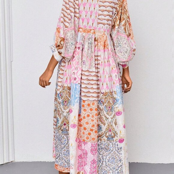 Multicolor Bohemian Women's Lantern Sleeve V Neck Tie Pockets Maxi Dress - Picture 2 of 5